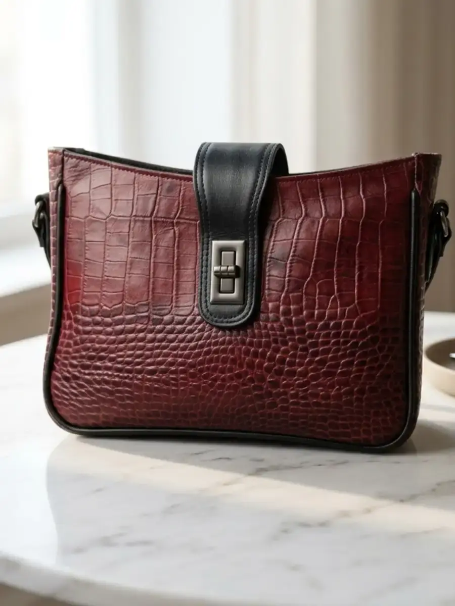 Red Wine Croc Cross & Shoulder Bag — premium genuine leather women's bag Bangladesh