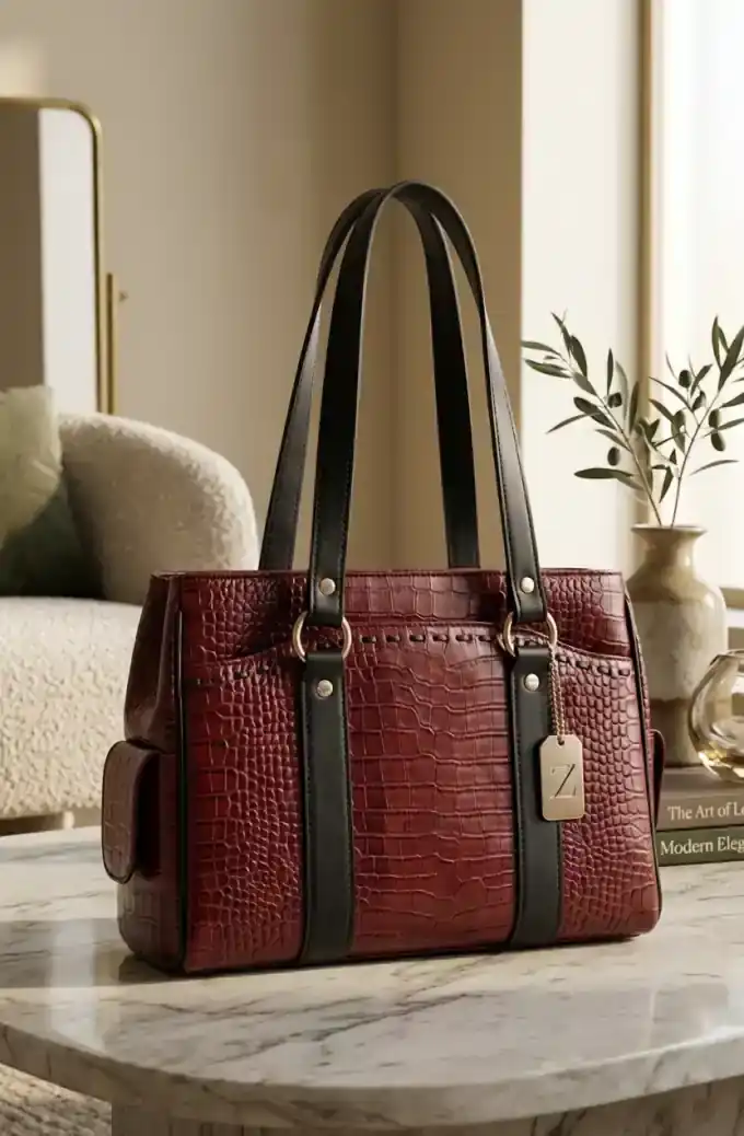 Zyro Original Cow Leather Vanity Bag — maroon croc finish on marble table lifestyle Bangladesh
